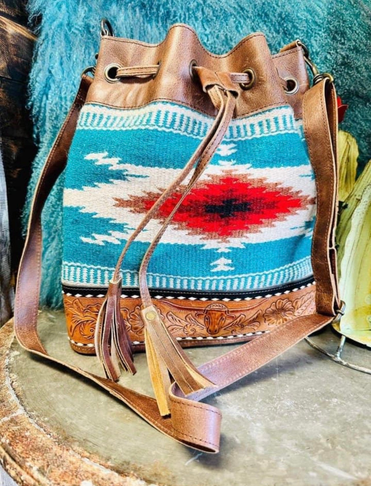 Grissom Steer Tooled Leather Bucket Bag