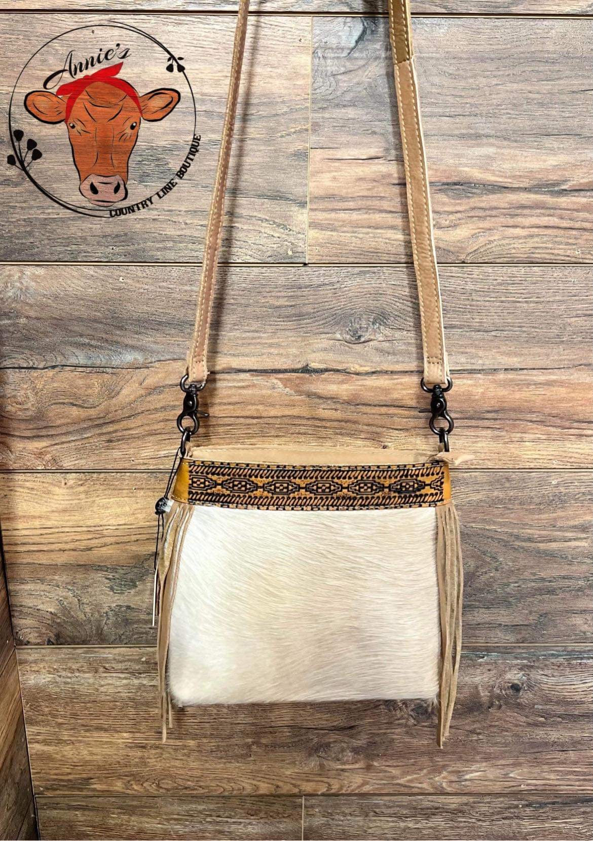 Cream Hair On Hide Leather Tooled Crossbody Purse